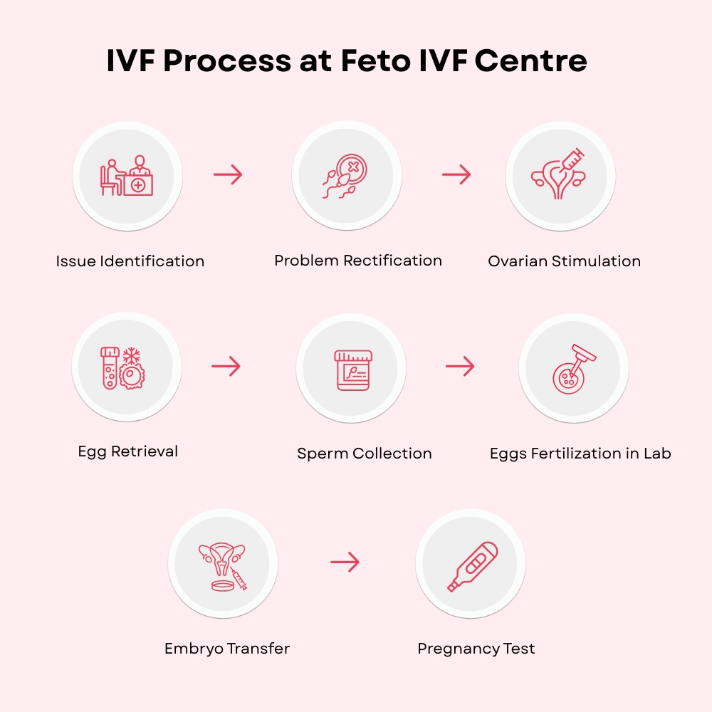 IVF process includes issue identification, egg retrieval, sperm collection & embryo transfer Coimbatore