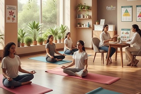 Yoga and meditation sessions help manage stress and improve IVF success for patients in Coimbatore